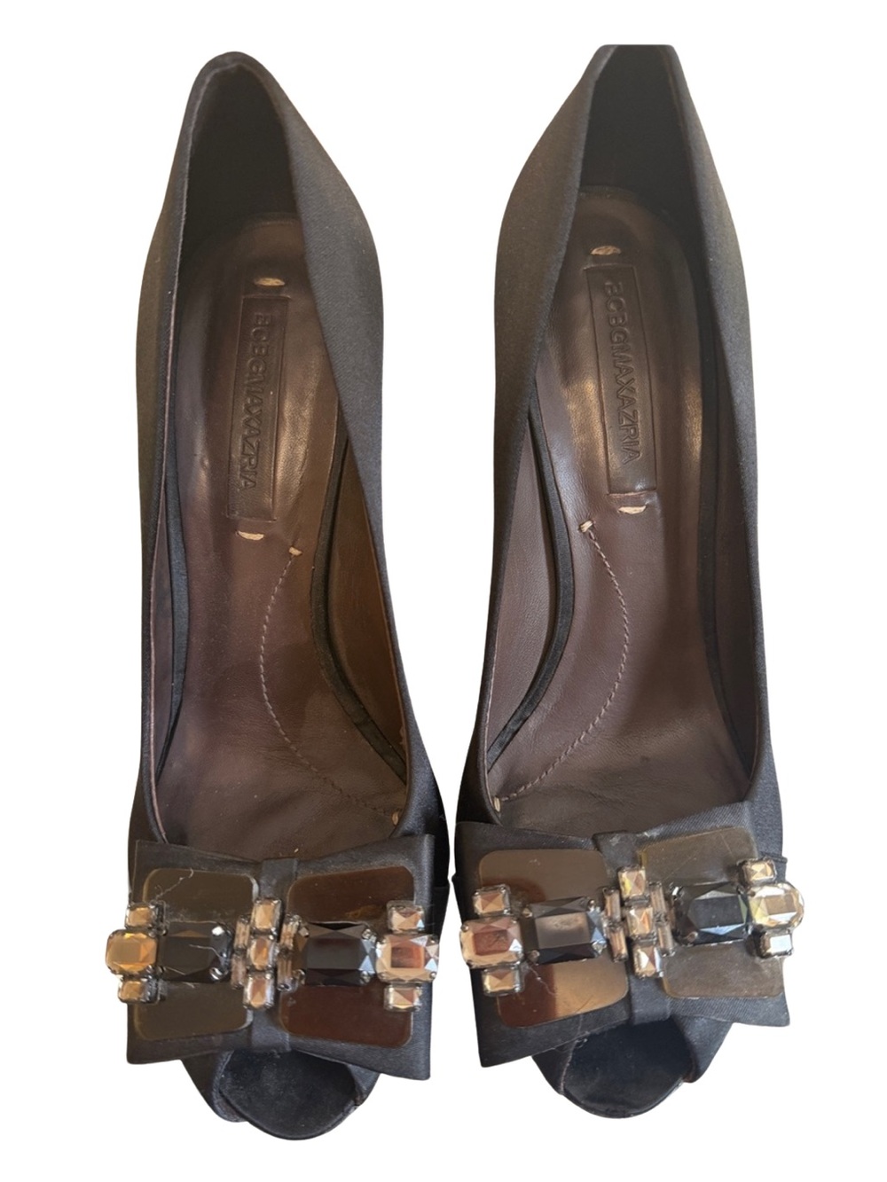 BCBG Max Azria Black Satin Jeweled Peep Toe Heels – Size 8